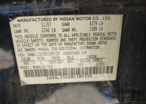 2008 Nissan Altima 2.5 S z USA, uszkodzony, nr VIN 1N4AL21E08C180310